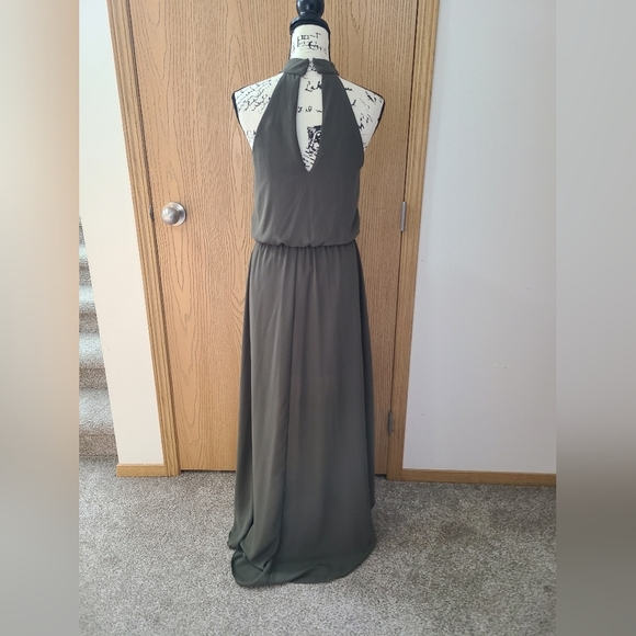 City Studio Olive Green Tie Waist High Neck Halter Keyhole High Low Dress - Picture 2 of 4